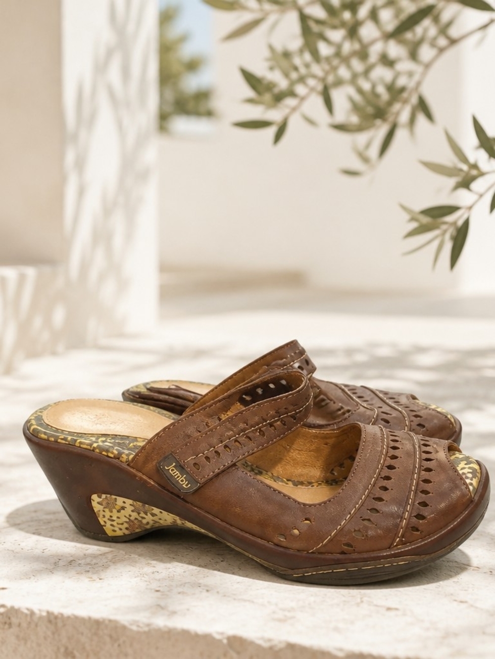 Jambu Brown Leather Low Wedge Slide Sandals